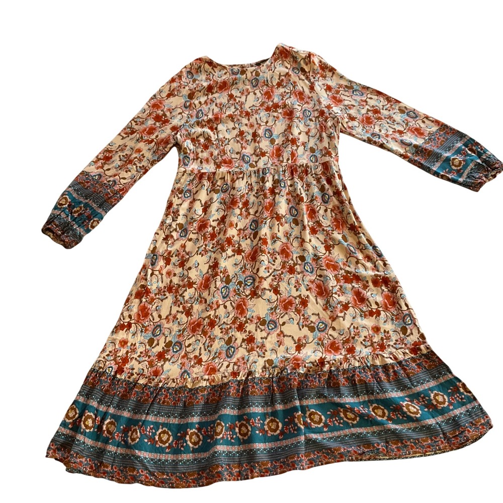 Allegra K‎ Floral Midi Dress Womens XL Multicolor Boho Tiered Long Sleeve Rayon